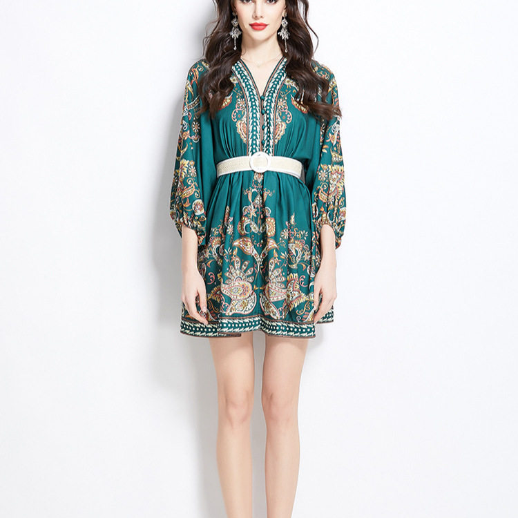 Vintage A Line Dress for Women V Neck Lantern Sleeves Waist Defined Floral Print Elegant Cocktail or Party Wear