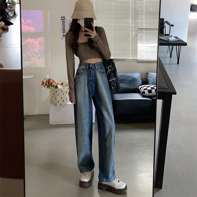 High Waisted Wide Leg Jeans for Women Gradient Color Loose Fit Floor Length Stylish Design Spring and Autumn