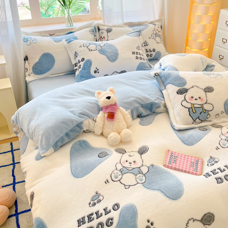 Cartoon Snowflake Milk Velvet Bedding Four-piece Set Autumn and Winter Children's Thickened Coral Velvet Quilt Cover Bed Sheet Three-piece Set