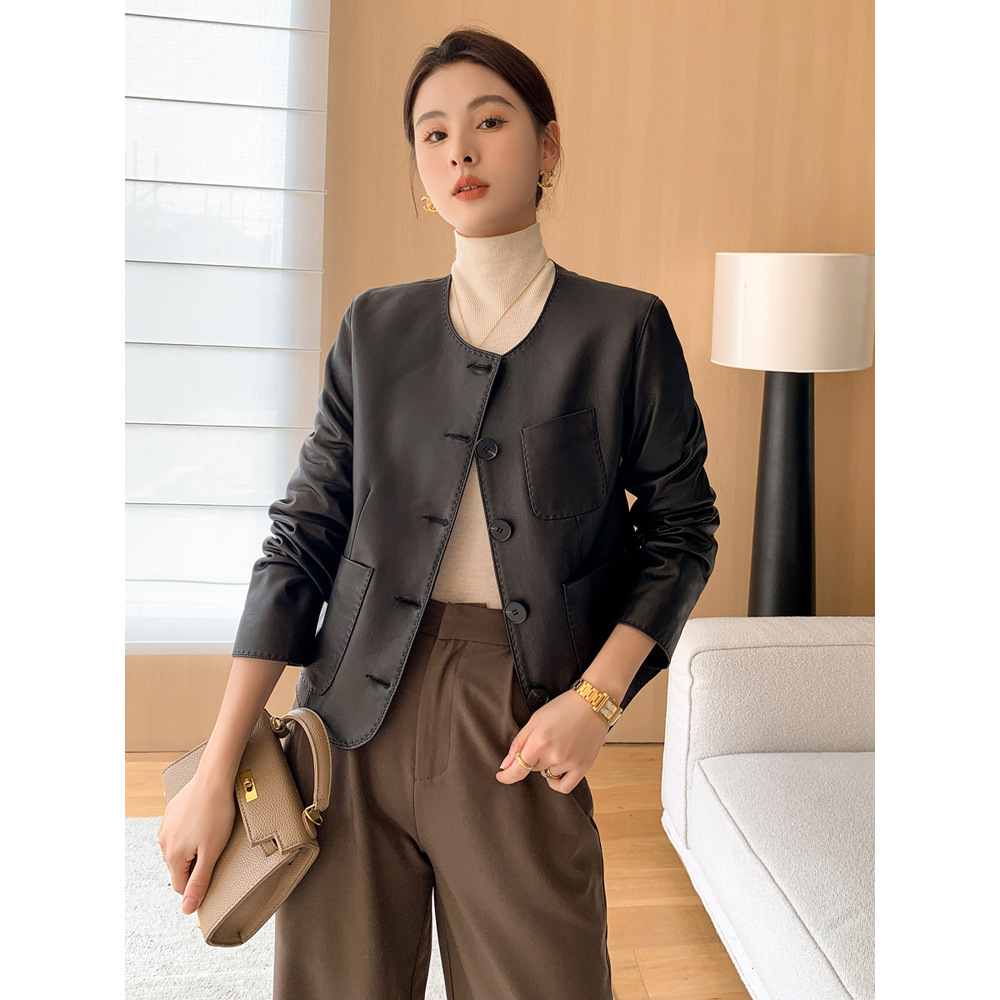 Áo khoác da cừu nữ ngắn cổ tròn phong cách dạo phố — Da cừu màu đen