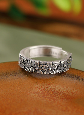 花朵祥云银戒指复古工艺开口设计