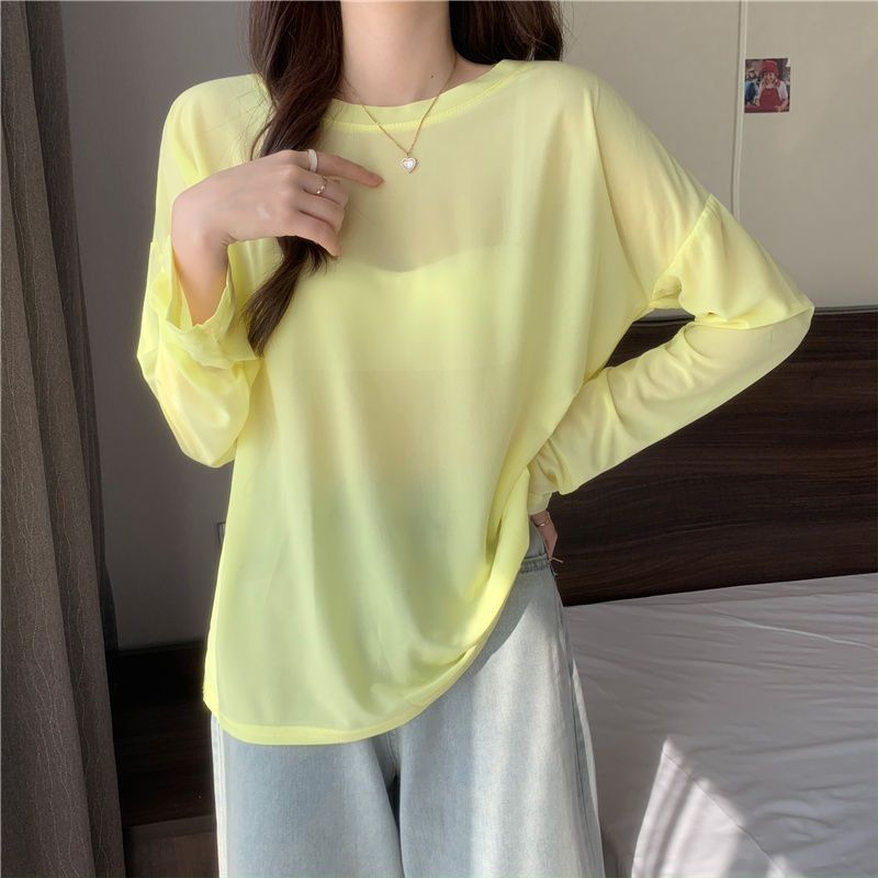 Womens Loose Fit Long Sleeve T Shirt Ice Silk Sun Protection Round Neck Versatile Style Summer Layering Top