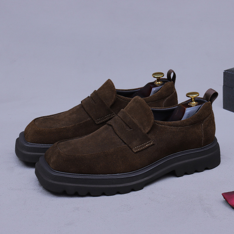 Giày loafer nam da bò lộn đế dày mũi vuông phong cách công sở — đen, màu nâu mocha