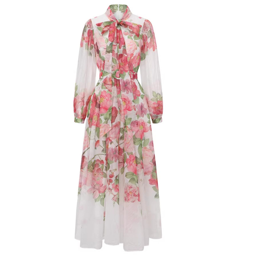 French Vacation Style Floral Print V Neck Dress Bow Detail Waist Defined Elegant A Line Skirt Spring and Autumn Wear