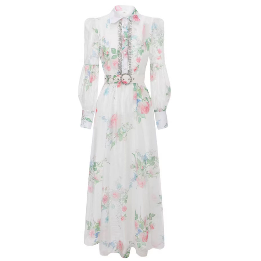 French Style Floral Hollow Out Long Sleeve Dress for Women Slim Fit A Line Elegant Spring Season Wholesale Available