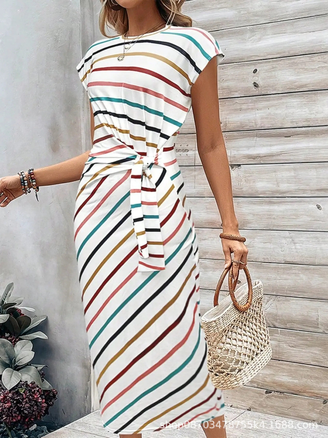 Elegant Striped Maxi Dress Waist Tie Short Sleeve Round Neck Summer Fashion for Women Wholesale Available