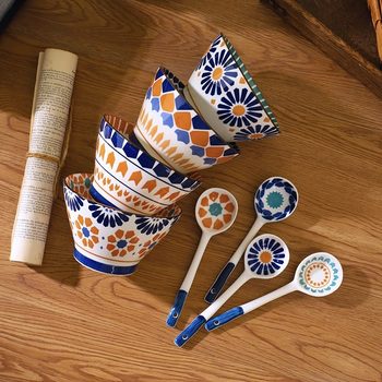 Bohemian Retro Bucket Bowl Underglaze Color 5-inch Household Ceramic Bowl One-person Special Bowl Rice Bowl