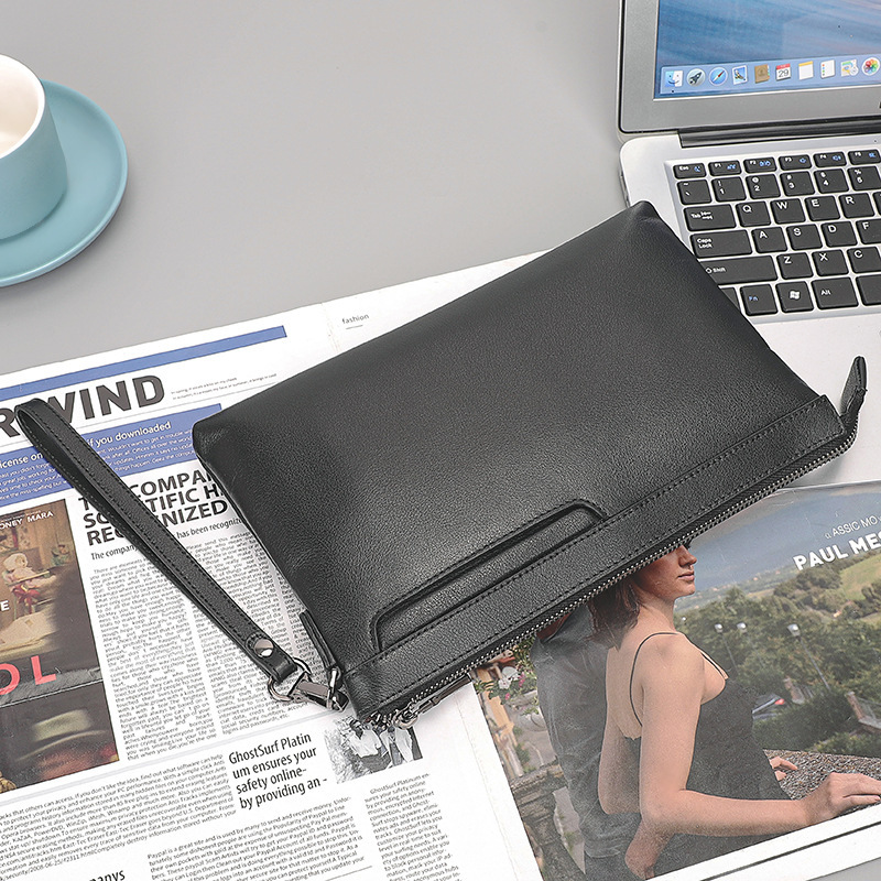 Túi clutch nam da bò thật cầm tay dáng dài đựng tài liệu — Màu đen