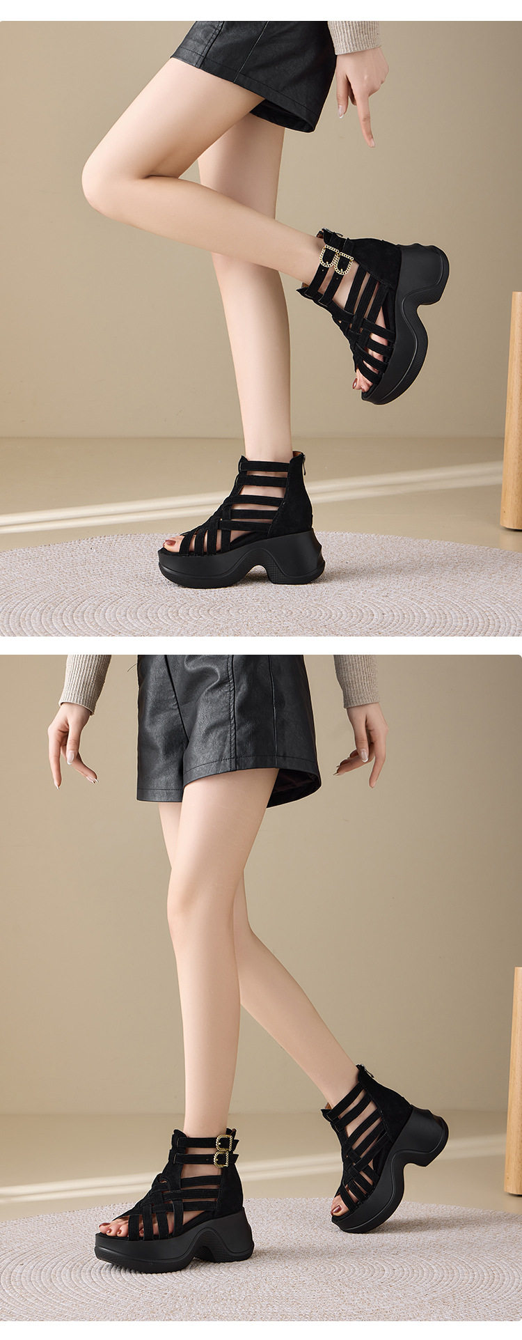 Boot cổ thấp nữ da lộn đế dày 10cm phong cách La Mã — [Màu hồng đào], [Màu đen] chi tiết 5