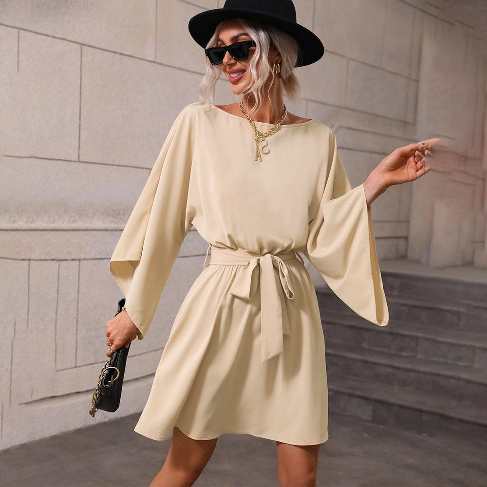 Womens Long Sleeve Dress Round Neck Elastic Waist Short Skirt Elegant Style for Casual Occasions Wholesale