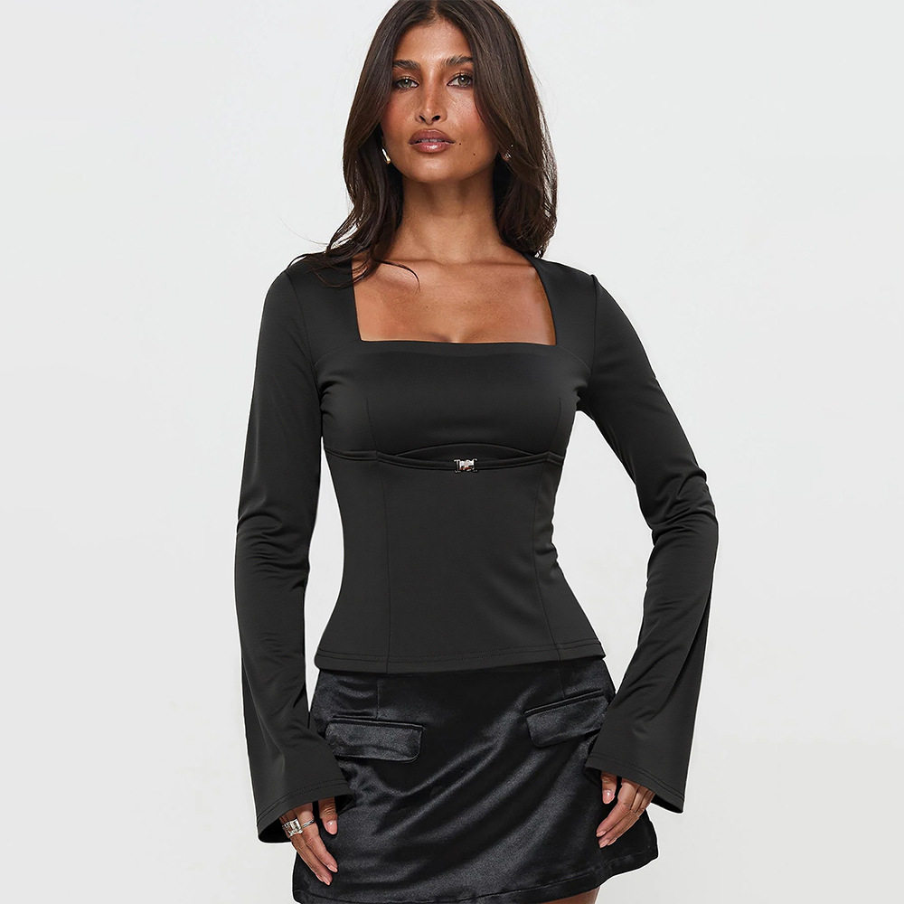 Black Womens Top Unique Design Square Neckline M Shaped Metal Buckle Ruffled Details Slim Fit Long Sleeve
