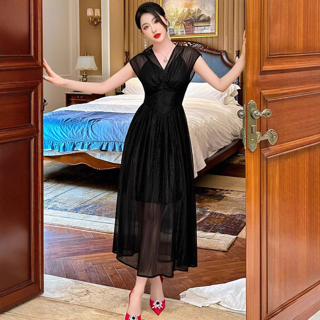 Đầm maxi nữ cổ V eo cao tay ngắn phong cách Pháp — [Đen]
