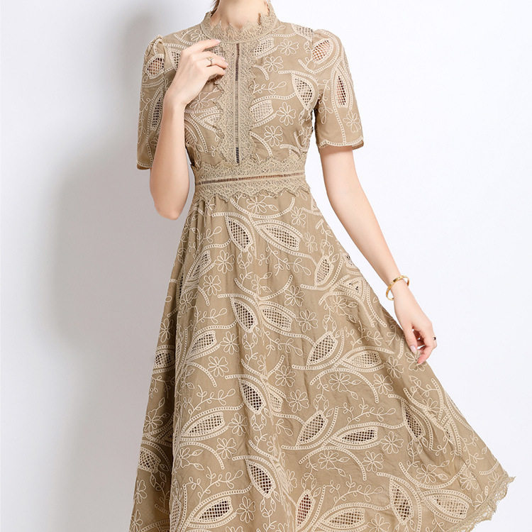 Elegant Short Sleeve Lace Dress for Women French Style Hollow Out Waist Defined High End Fashion Perfect for Formal