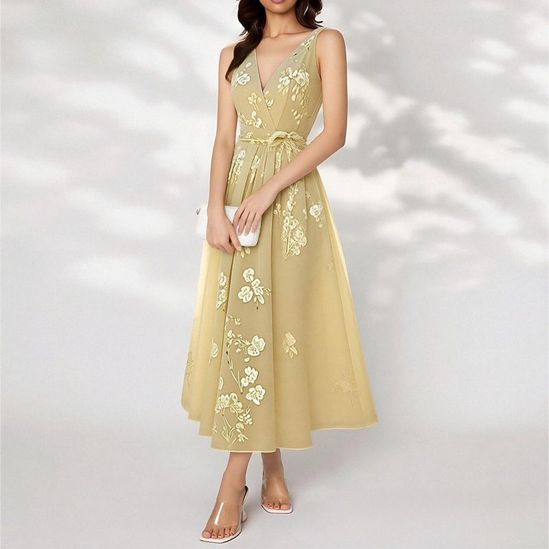 Elegant Floral Print Waist Tie Dress Spring Collection Womens Fashion Comfortable Fit Wholesale Available