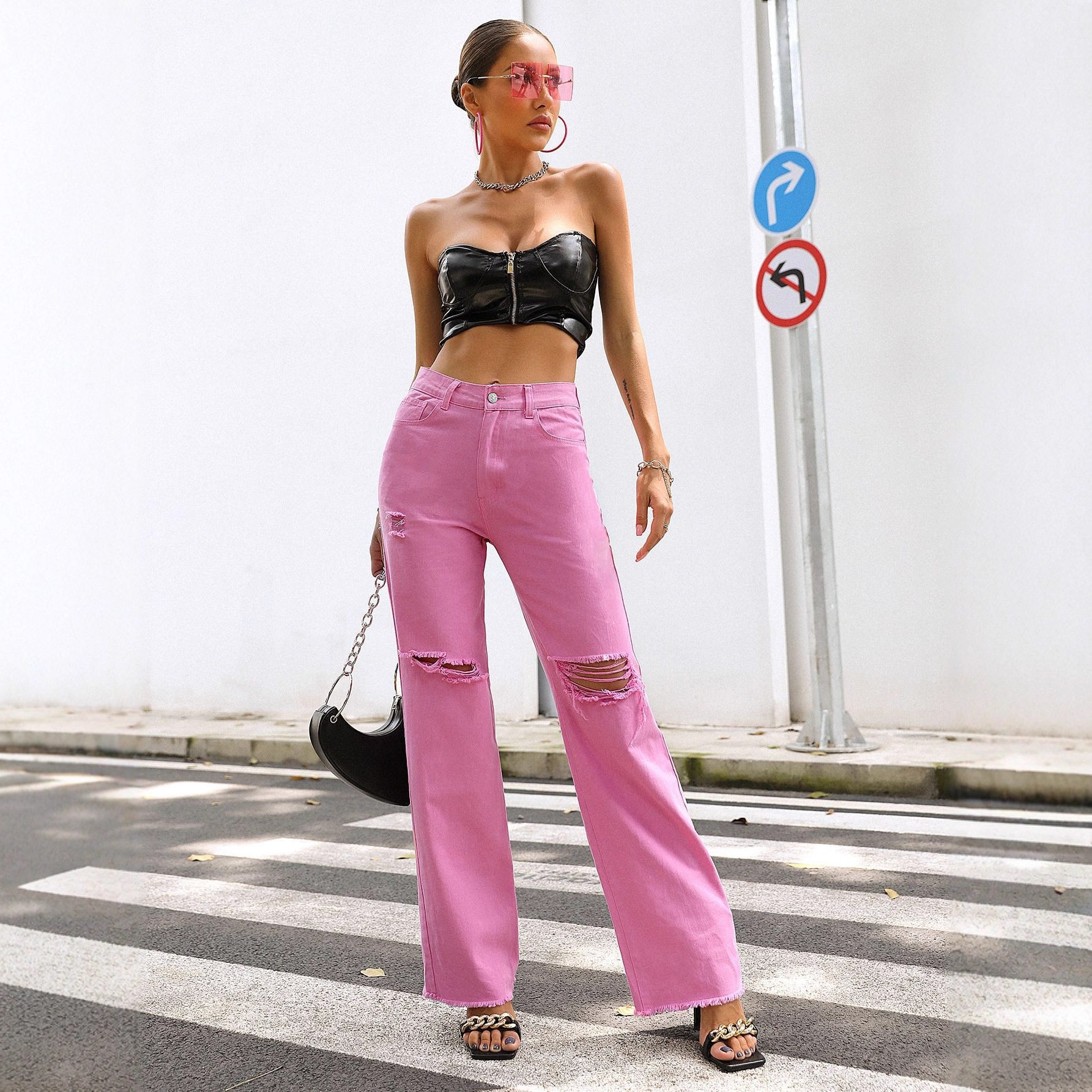Fashionable Distressed Wide Leg Pants Loose Fit Straight Cut Spring Summer Style Wholesale Availability