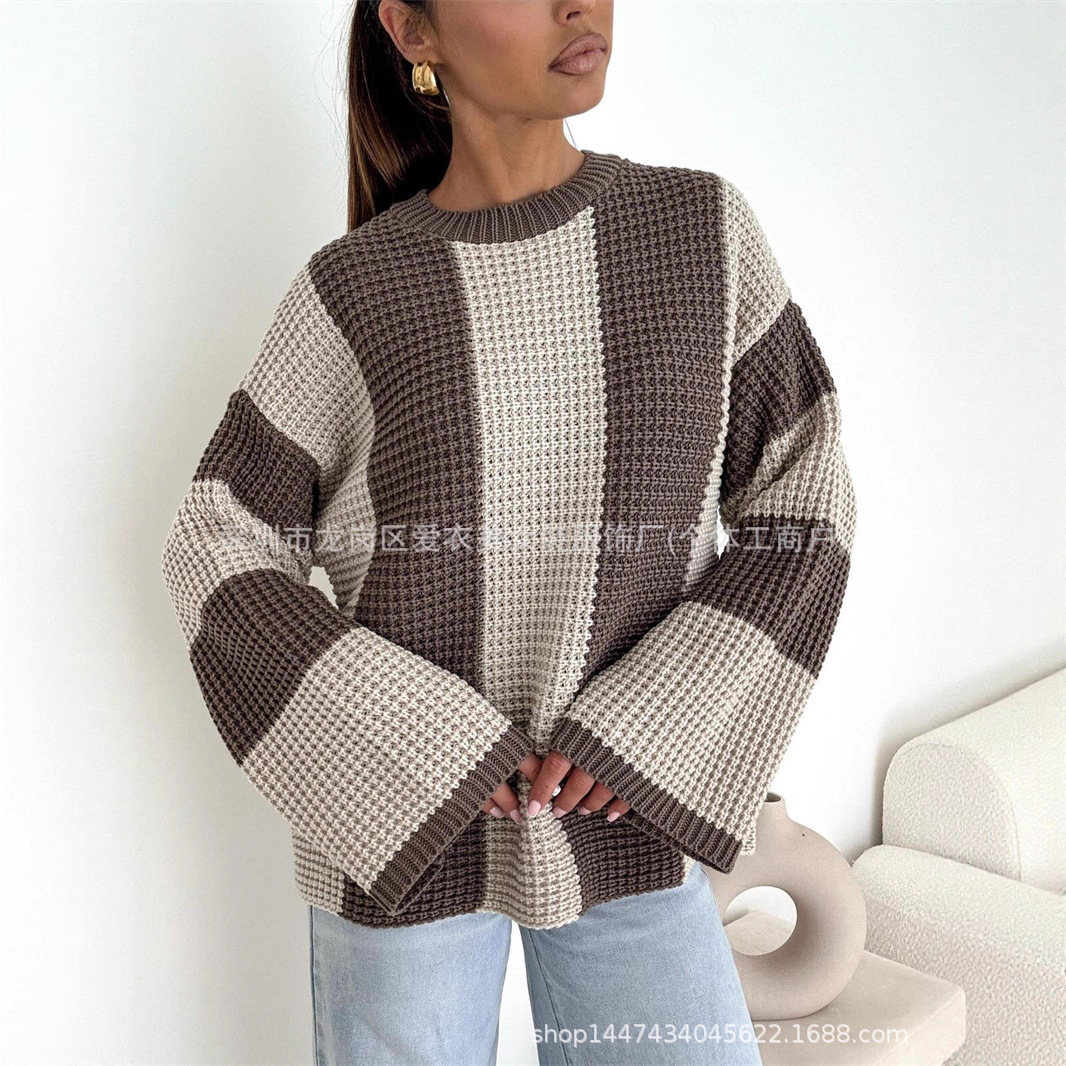 2025wish秋冬女装欧美休闲时尚宽松长袖拼色套头新款毛衣女3色