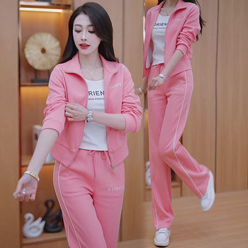 2025 women's spring suit running sports new wholesale casual coat slim top wide leg pants two-piece set