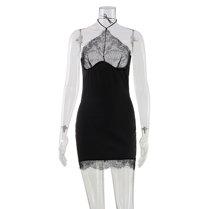 Backless Lace Panel Bodycon Dress Sexy Slim Fit Halter Neck Black Evening Wear Cocktail Party Wholesale