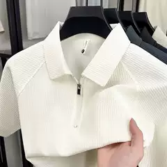 2026 High-Quality Short-Sleeved T-Shirt Men's Lapel Striped Half-Sleeve Zipper Youth Base Shirt Men's Short-Sleeved T-Shirt