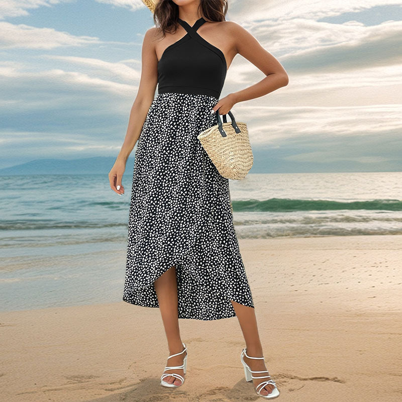 Summer Fashion Leopard Print Halter Dress Irregular Split Design Trendy Style Perfect for Parties and Casual Outings