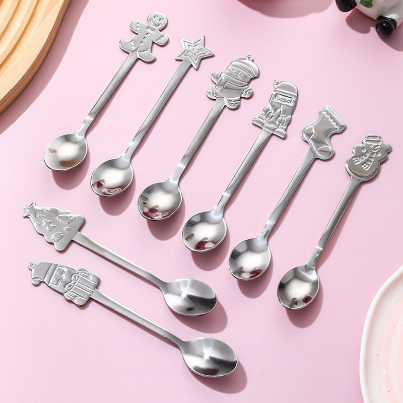 Stainless Steel Christmas Spoon Cartoon Pressed Handle Spoon Christmas Gift Gift Spoon Household Coffee Stirring Spoon Dessert Spoon
