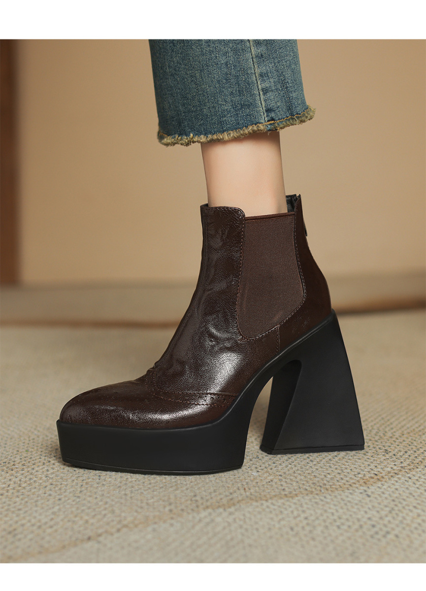 Boot nữ cổ thấp gót thô mũi nhọn phong cách Chelsea — Màu đen lót một lớp, Màu đen lót nhung, Màu nâu lót một lớp, Màu nâu lót nhung
