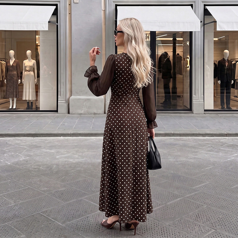 French Style Polka Dot Long Sleeve Dress Elegant Square Neck Chic Patchwork Design Perfect for Spring and Summer Events