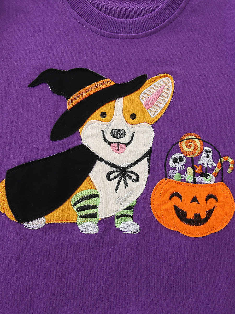 New Autumn Girls' Hoodie, Halloween Cartoon Patch Design, Children's Long-Sleeve Pullover