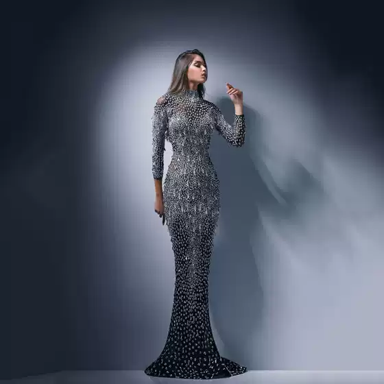 2025 Cross-Border Spring New European and American Export Women's Mesh Long-Sleeved Slim Sexy Long Skirt Evening Dress