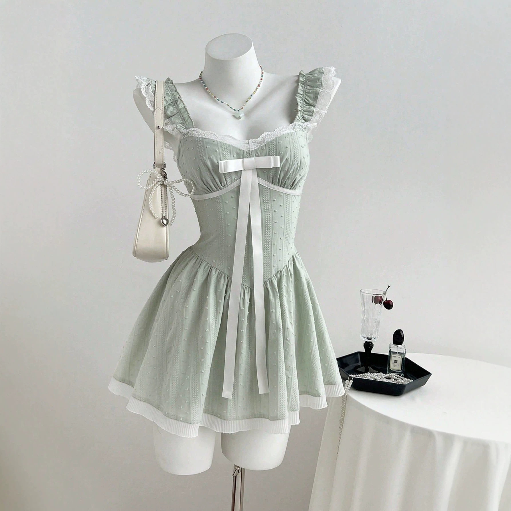 Lace Trim Bow Tie Mini Dress Womens Sleeveless Elegant Design Perfect for Parties Ready to Ship Low MOQ