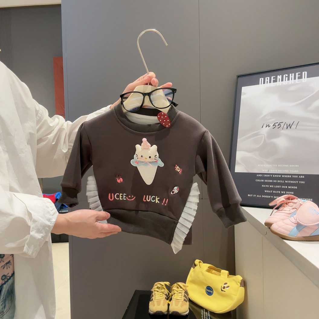 Baby Sweatshirt with 3D Embroidered Cat & Lace Trim, New Spring & Autumn Girls' Outfit, Stylish Sweet Top for Girls