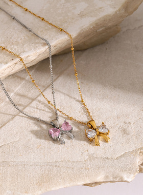 原创款！！18k金不锈钢/蝴蝶结白色锆石吊坠轻奢小众项链 40+5cm