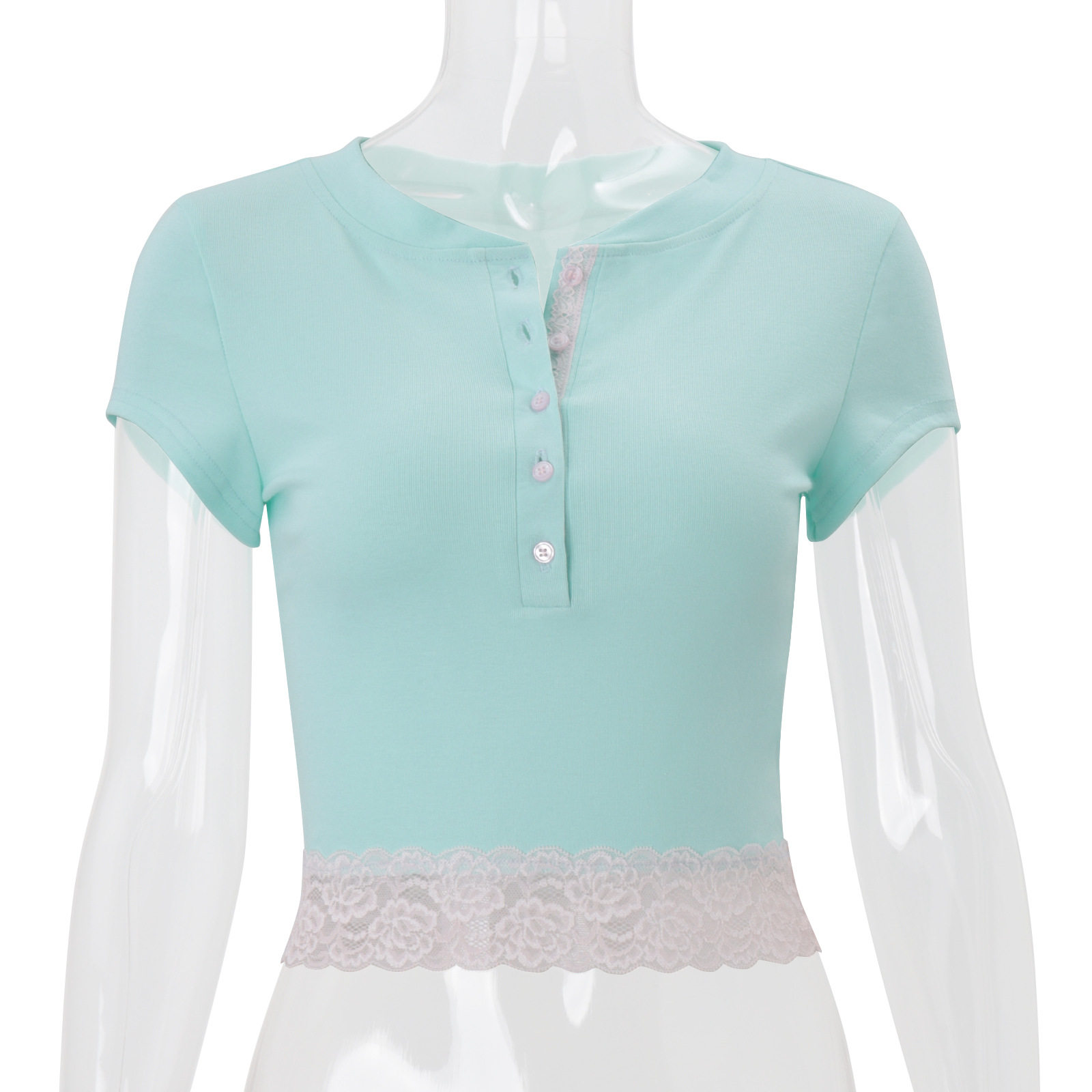Womens Summer Crop Top Fashionable Slim Fit Sheer Lace Trim Button Closure Casual Wear Available for Wholesale