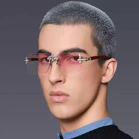 2025 New Retro Imitation Wood Grain Temple Sunglasses for Men with Diamond-Cut Frameless Sunglasses for Men European and American Wholesale