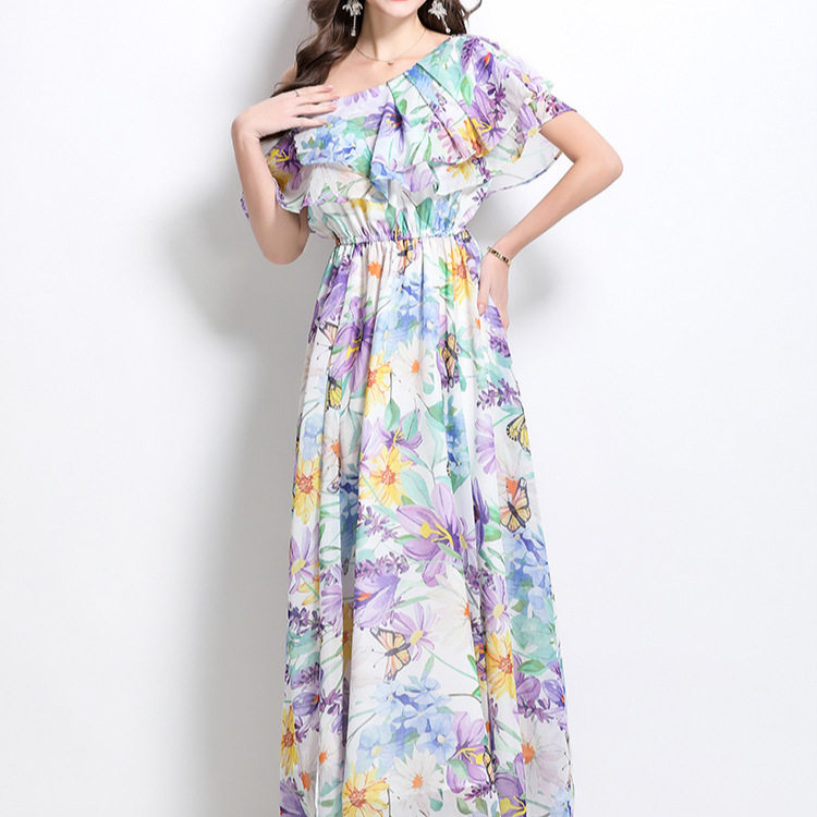 Floral Chiffon Maxi Dress for Women Off Shoulder Ruffled Hem Waist Defined Elegant Style Perfect for Spring