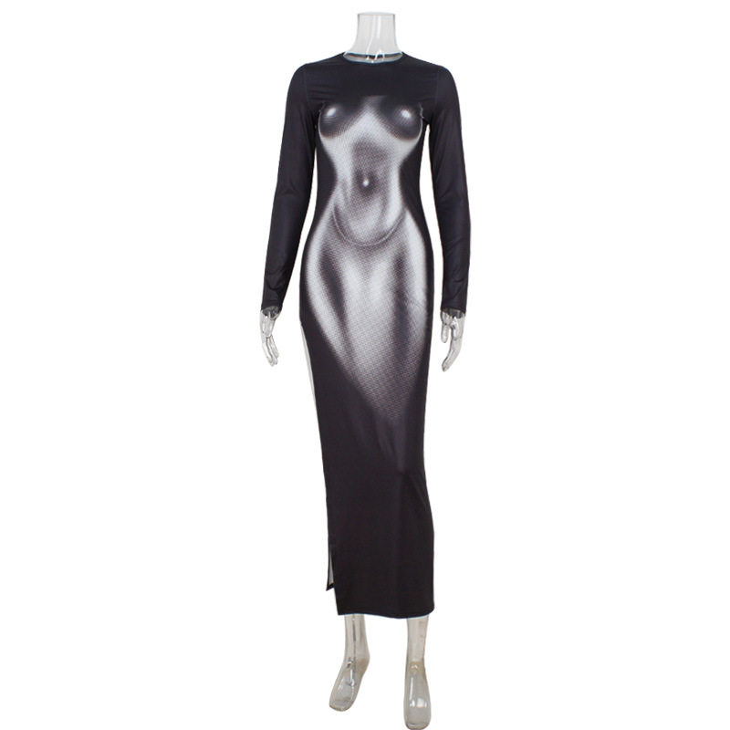 3D Body Print Long Sleeve Bodycon Dress Stylish Slim Fit Spring Fashion Perfect for Parties and Night Out Wholesale