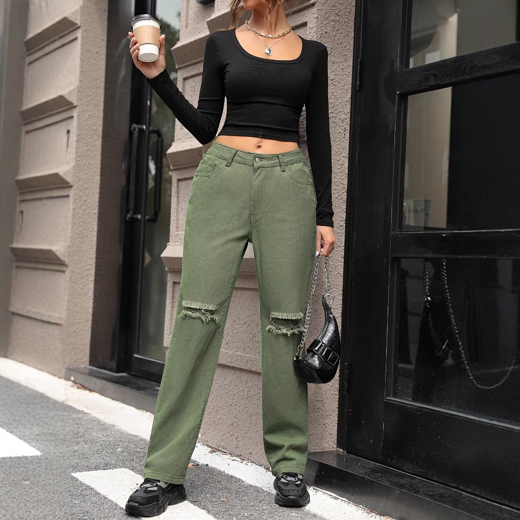 Womens Distressed Wide Leg Straight Jeans Casual Style European and American Fashion Perfect for Everyday Wear