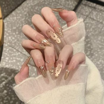 Autumn and Winter Wearable Nails, Handmade Golden Gilt Polka Dots, High-End Nails, Accessible Luxury Style Manicure, Fake Nails, Long Style