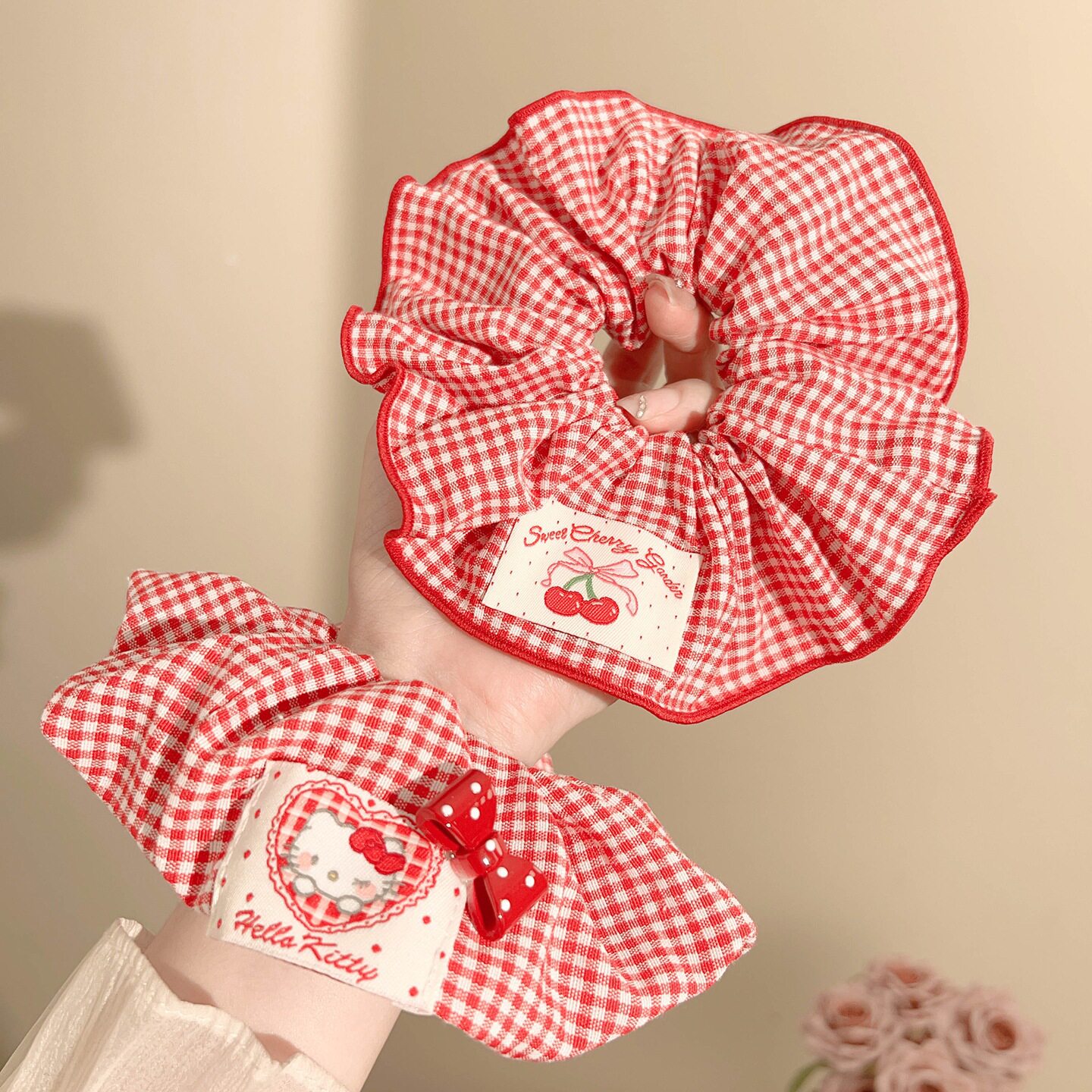 Extra Large Retro Red Plaid Hair Band for Women, Flower Rubber Band, Hair Ball, Hair Rope, Hair Rope, Hair Accessories