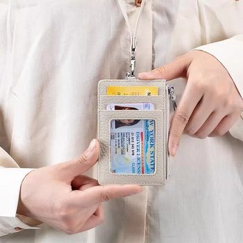 Fashion Pu Leather Card Holder with Lanyard for Men and Women, Neck-Hanging Card Holder, Evidence Card Holder, Coin Purse, Multi-Card Slot, Simple Card Holder