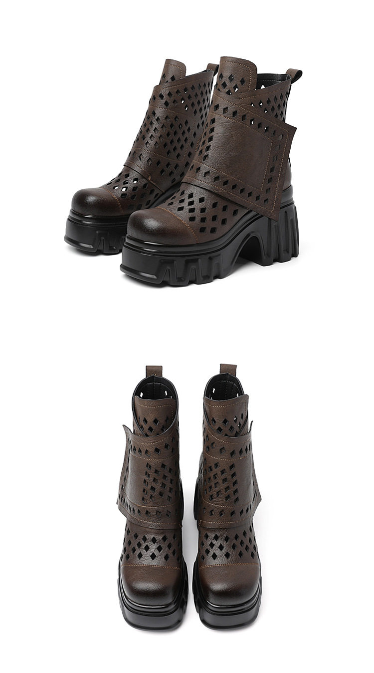 Sandal cao gót nữ hở mũi da bò lỗ khí mùa hè, gót siêu cao 8 cm, phong cách Martens — [Trắng], [Hồng], [Kaki đậm], [Đen] chi tiết 15