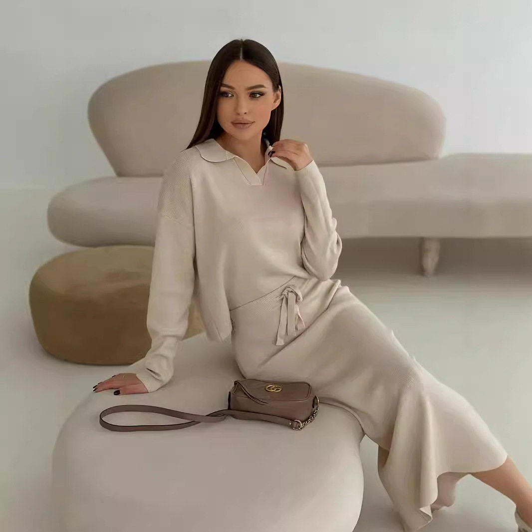 Knitted Two Piece Set Soft Chenille Yarn Split Sweater Tied Midi Skirt Autumn Winter Fashion Wholesale Available