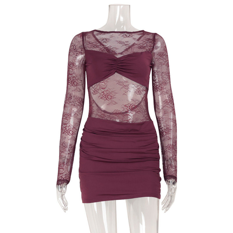 Lace Trimmed Bodycon Mini Dress Sheer Panels Long Sleeve Fashionable Design Nightclub Wear for Women Wholesale