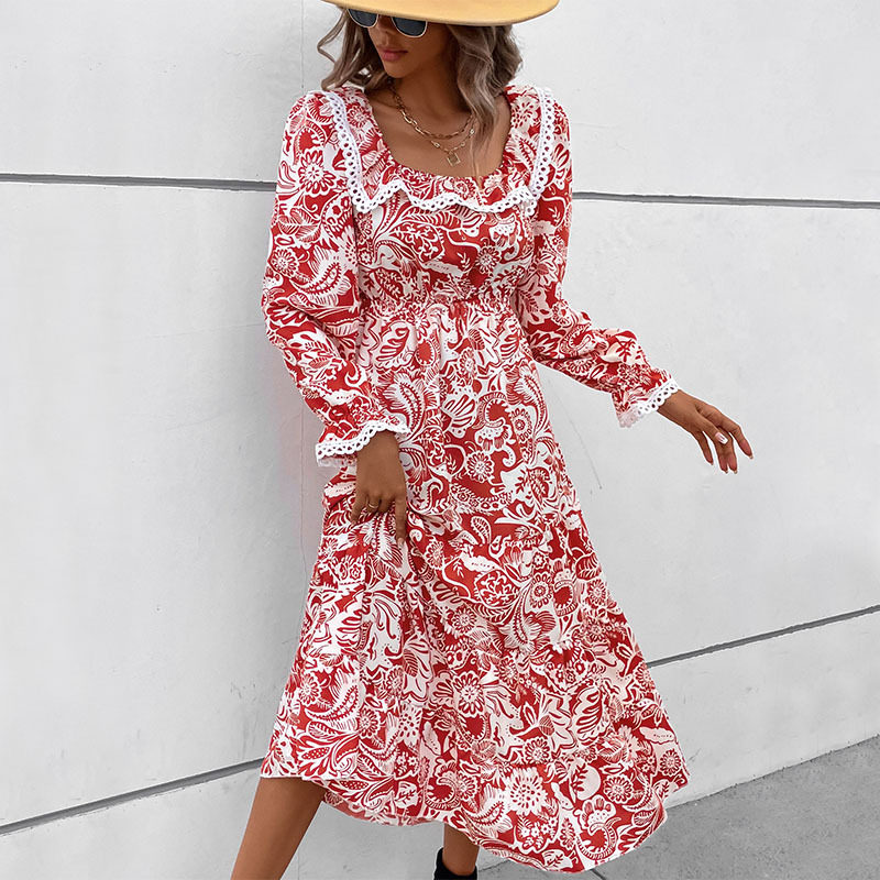 Red Floral Long Sleeve Dress Elegant Design Perfect for Valentines Day Spring and Autumn Wear Wholesale Available