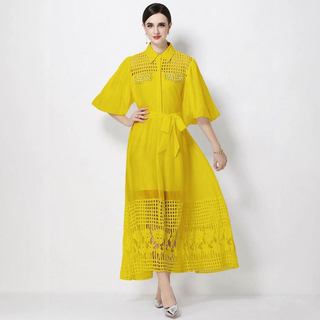 French Elegant Lace Long Dress Beaded Hollow Puff Sleeves High End Sophisticated Style for Special Occasions
