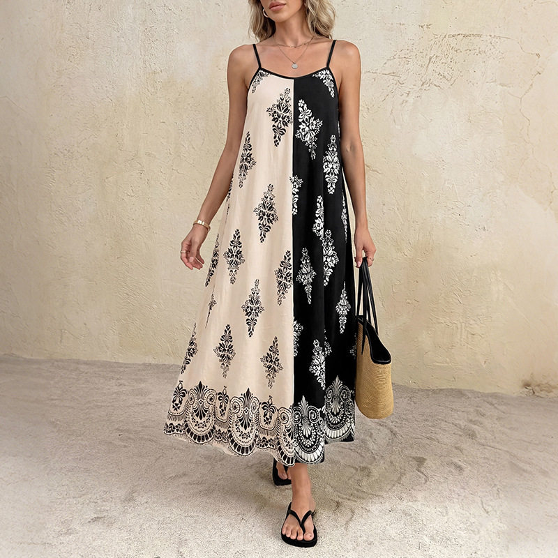 Bohemian Maxi Dress Loose Fit Color Block Paisley Print Sleeveless Summer Vacation Wear Wholesale Available