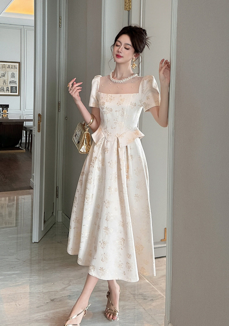 Đầm maxi nữ oversize tay ngắn cổ tròn họa tiết hoa nhí phong cách Pháp — [Màu hồng đào] chi tiết 10