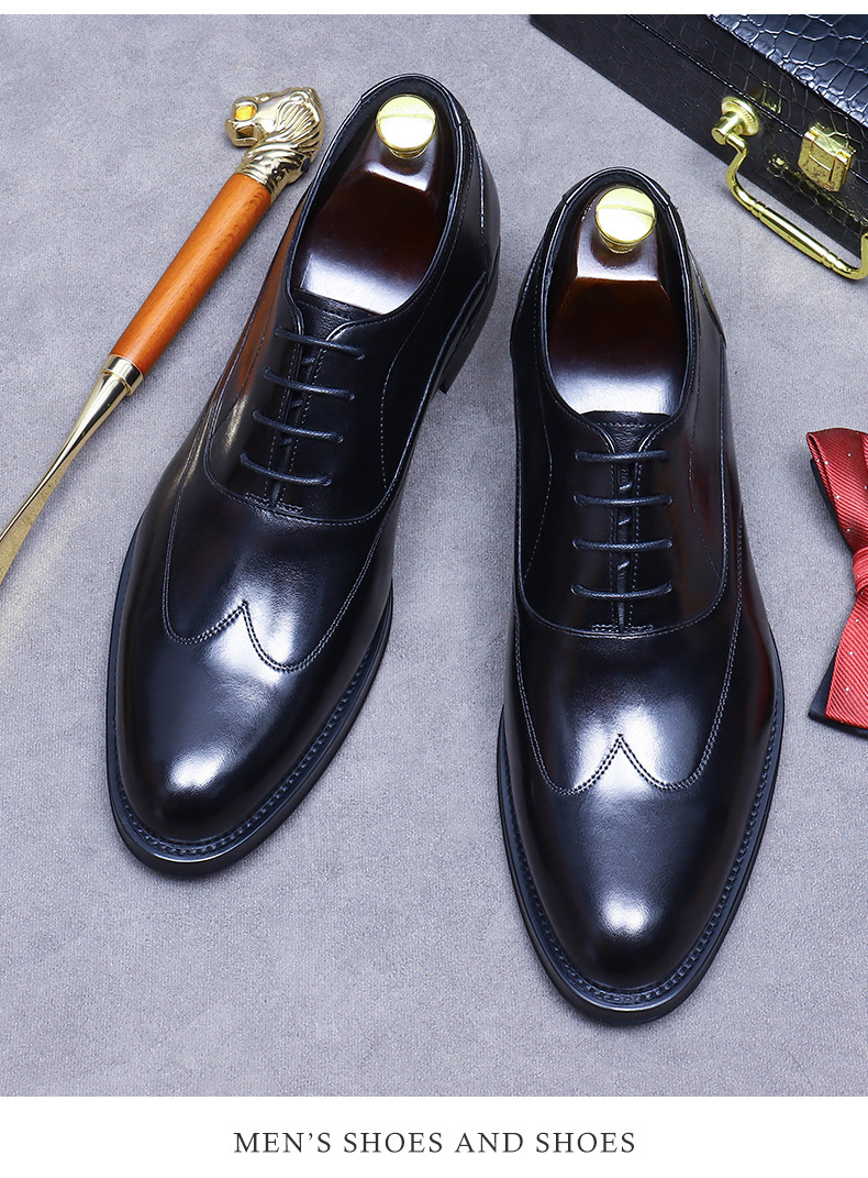 Giày Oxford nam da bò thật thủ công mũi nhọn tăng chiều cao trong, phong cách công sở — Màu đen độn cao bên trong, Màu cà phê tăng chiều cao bên trong