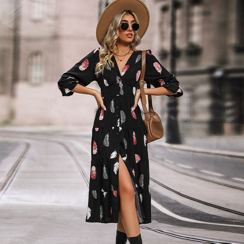 Romantic Elegant Colorful Feather Print Dress Three Quarter Sleeve Spring Fall Style Wholesale Available