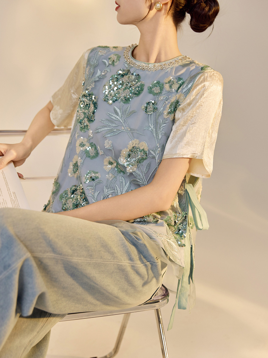 Áo vest nữ thêu cườm đính đá cổ tròn phối hoa văn — Jiyue Blue (giao hàng trong 7 ngày), Jiyue Blue (phát hành cùng ngày)